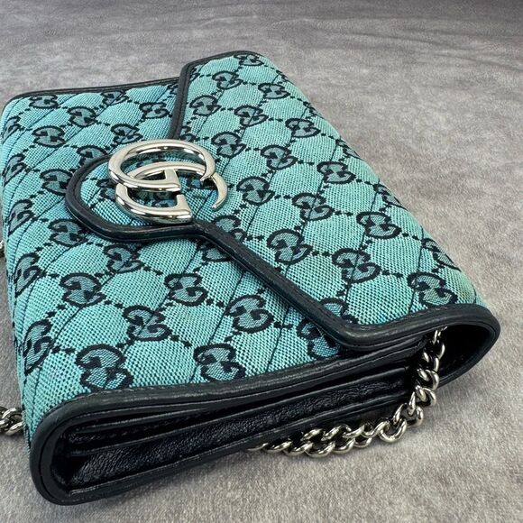 Gucci Monogram Multicolor Matelasse Diagonal GG Marmont Chain Wallet Light Blue - Picture 5 of 15